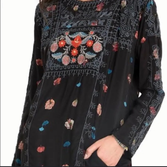 JohnnY Was Biya Inka silk blouse lack embroidered long sleeve split tie neck S - Picture 7 of 10